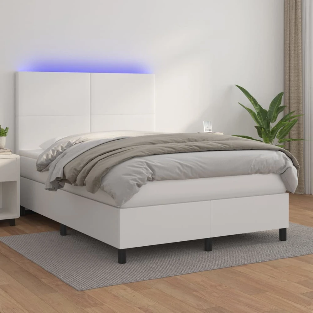 Lova su spyruoklėmis/čiužiniu/LED, balta 140x190cm dirbtinė oda
