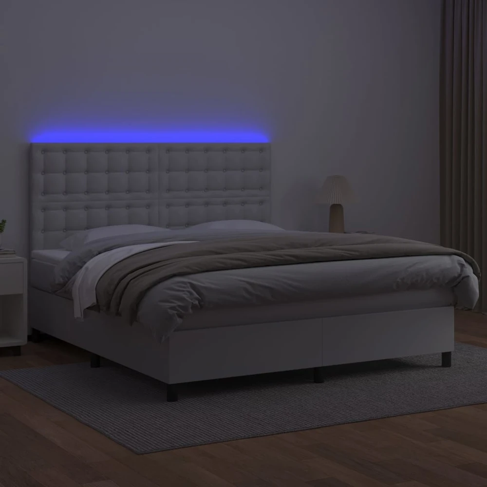 Lova su spyruoklėmis/čiužiniu/LED, balta 160x200cm dirbtinė oda
