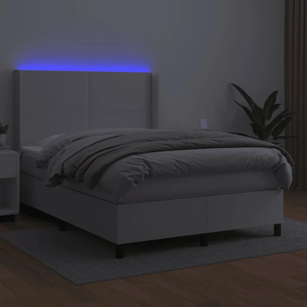 Lova su spyruoklėmis/čiužiniu/LED, balta 140x190cm dirbtinė oda