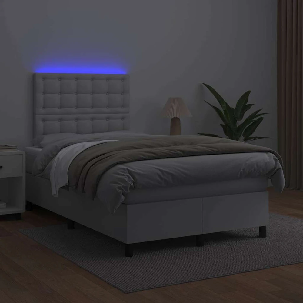 Lova su spyruoklėmis/čiužiniu/LED, balta 120x190cm dirbtinė oda
