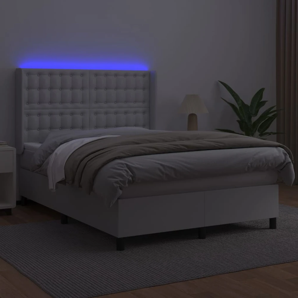 Lova su spyruoklėmis/čiužiniu/LED, balta 140x190cm dirbtinė oda