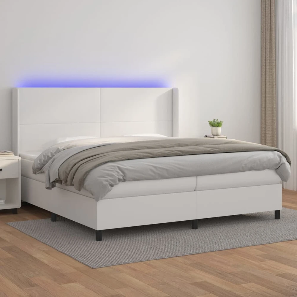 Lova su spyruoklėmis/čiužiniu/LED, balta 200x200cm dirbtinė oda