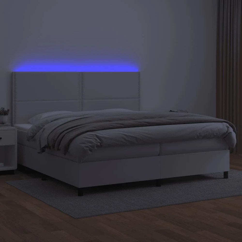 Lova su spyruoklėmis/čiužiniu/LED, balta 200x200cm dirbtinė oda