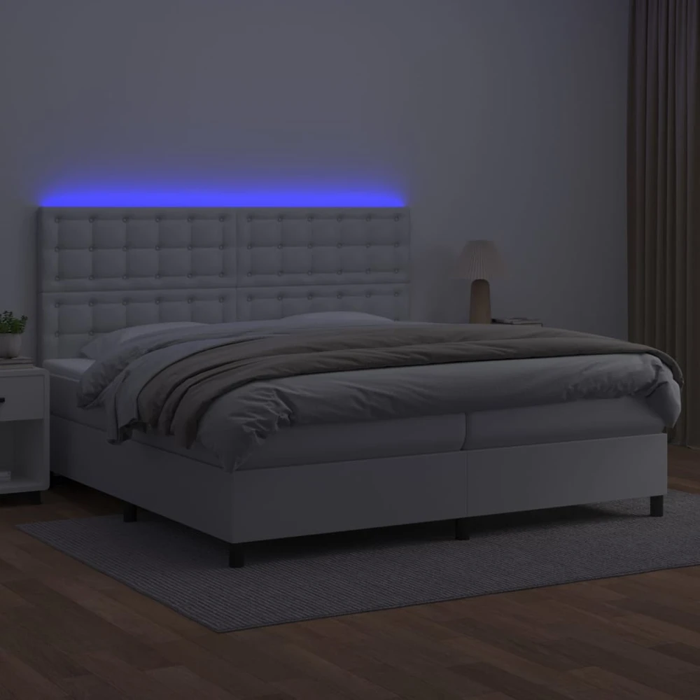 Lova su spyruoklėmis/čiužiniu/LED, balta 200x200cm dirbtinė oda