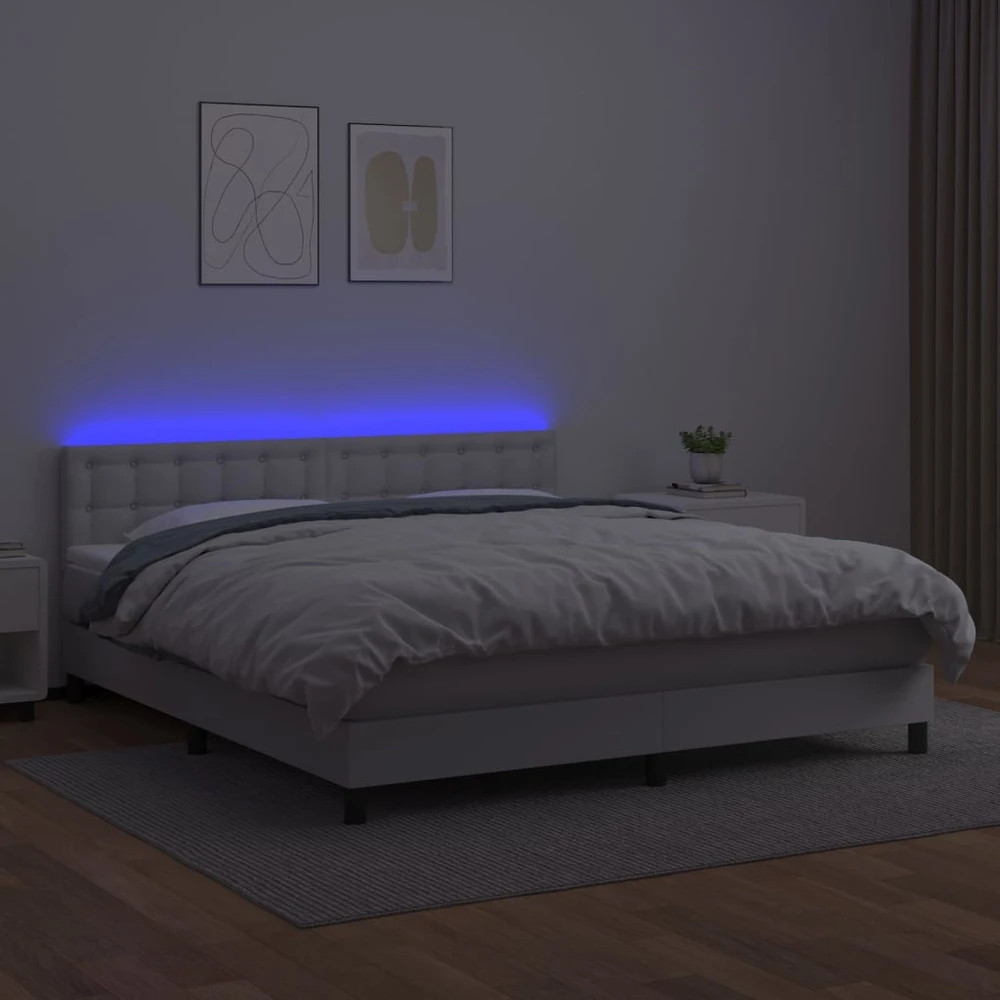Lova su spyruoklėmis/čiužiniu/LED, balta 180x200cm dirbtinė oda