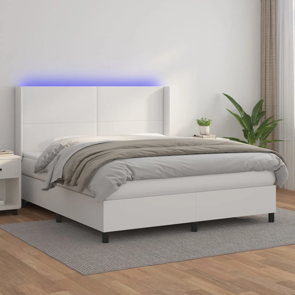 Lova su spyruoklėmis/čiužiniu/LED, balta 180x200cm dirbtinė oda