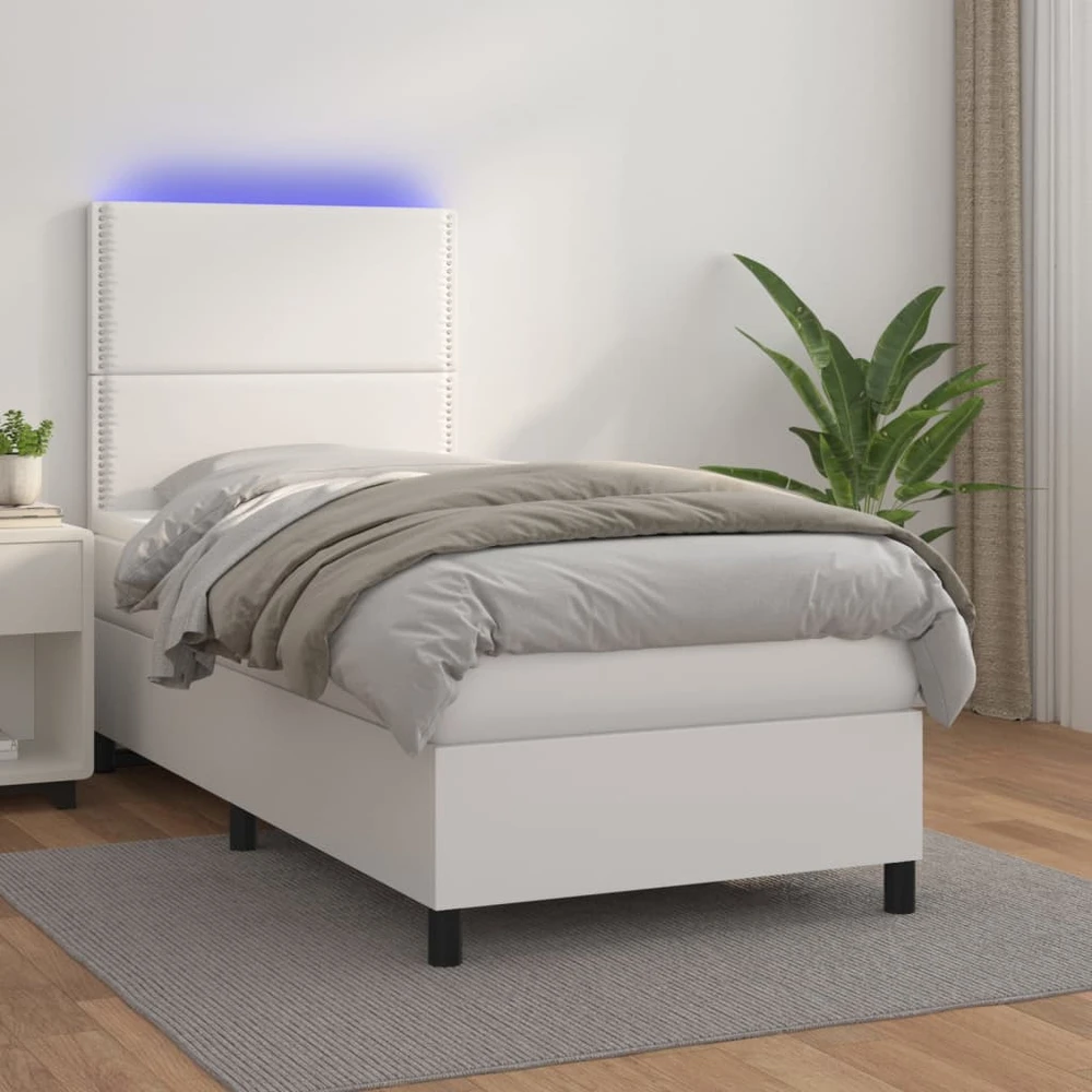 Lova su spyruoklėmis/čiužiniu/LED, balta 100x200cm dirbtinė oda