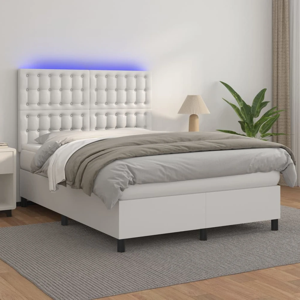 Lova su spyruoklėmis/čiužiniu/LED, balta 140x190cm dirbtinė oda