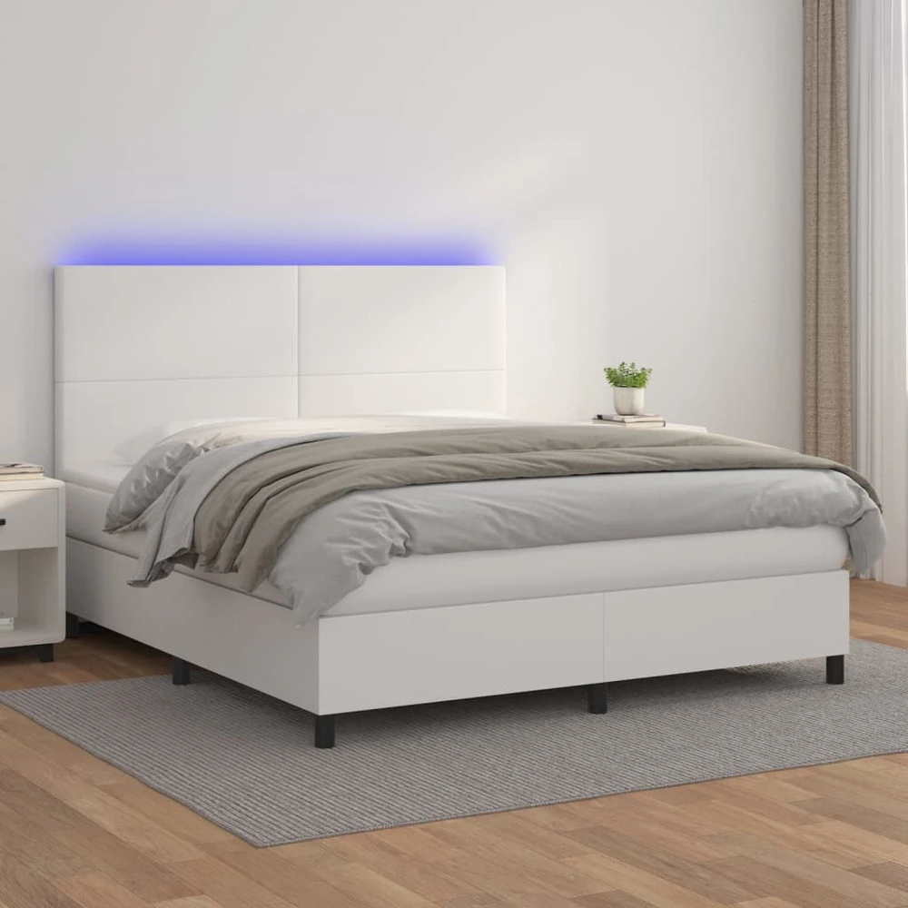 Lova su spyruoklėmis/čiužiniu/LED, balta 160x200cm dirbtinė oda