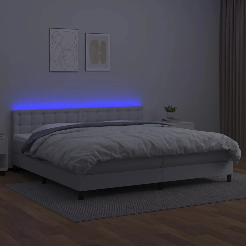 Lova su spyruoklėmis/čiužiniu/LED, balta 200x200cm dirbtinė oda