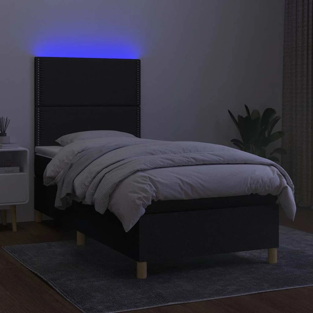 Lova su spyruoklėmis/čiužiniu/LED, juoda, 90x190 cm, audinys
