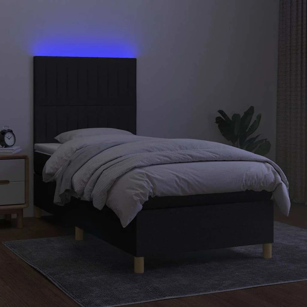 Lova su spyruoklėmis/čiužiniu/LED, juoda, 90x200 cm, audinys