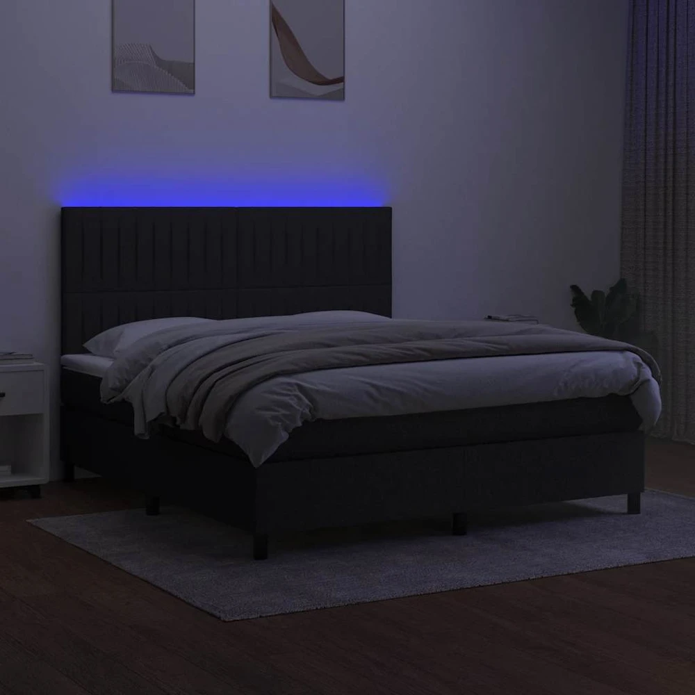 Lova su spyruoklėmis/čiužiniu/LED, juoda, 160x200 cm, audinys