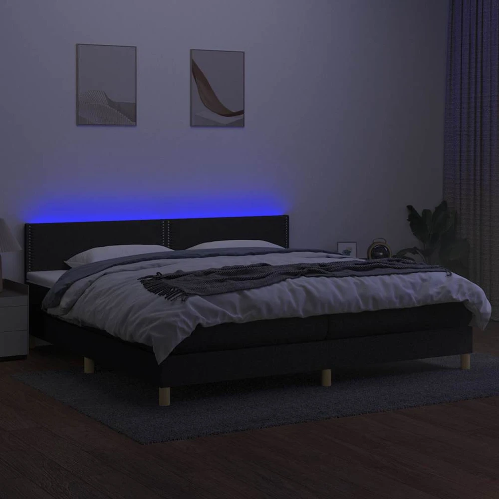 Lova su spyruoklėmis/čiužiniu/LED, juoda, 200x200 cm, audinys