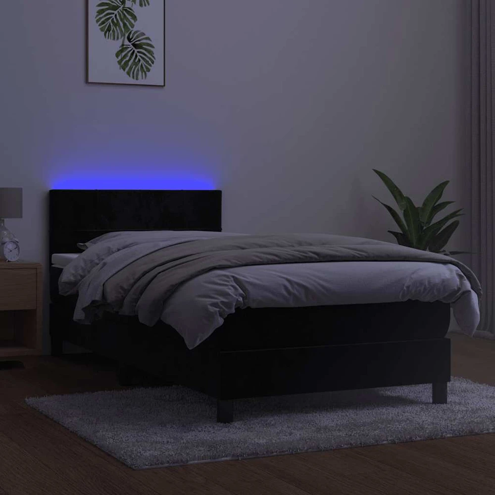 Lova su spyruoklėmis/čiužiniu/LED, juoda, 100x200cm, aksomas