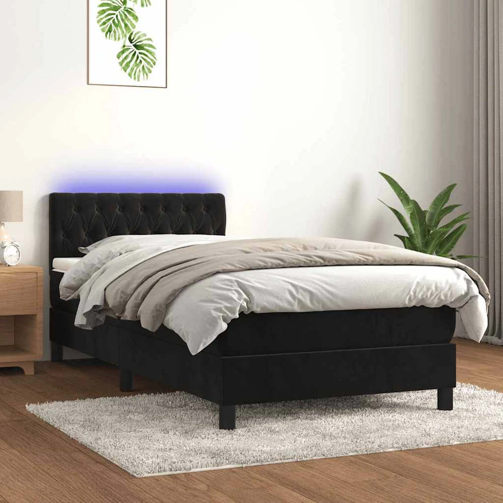 Lova su spyruoklėmis/čiužiniu/LED, juoda, 90x200cm, aksomas