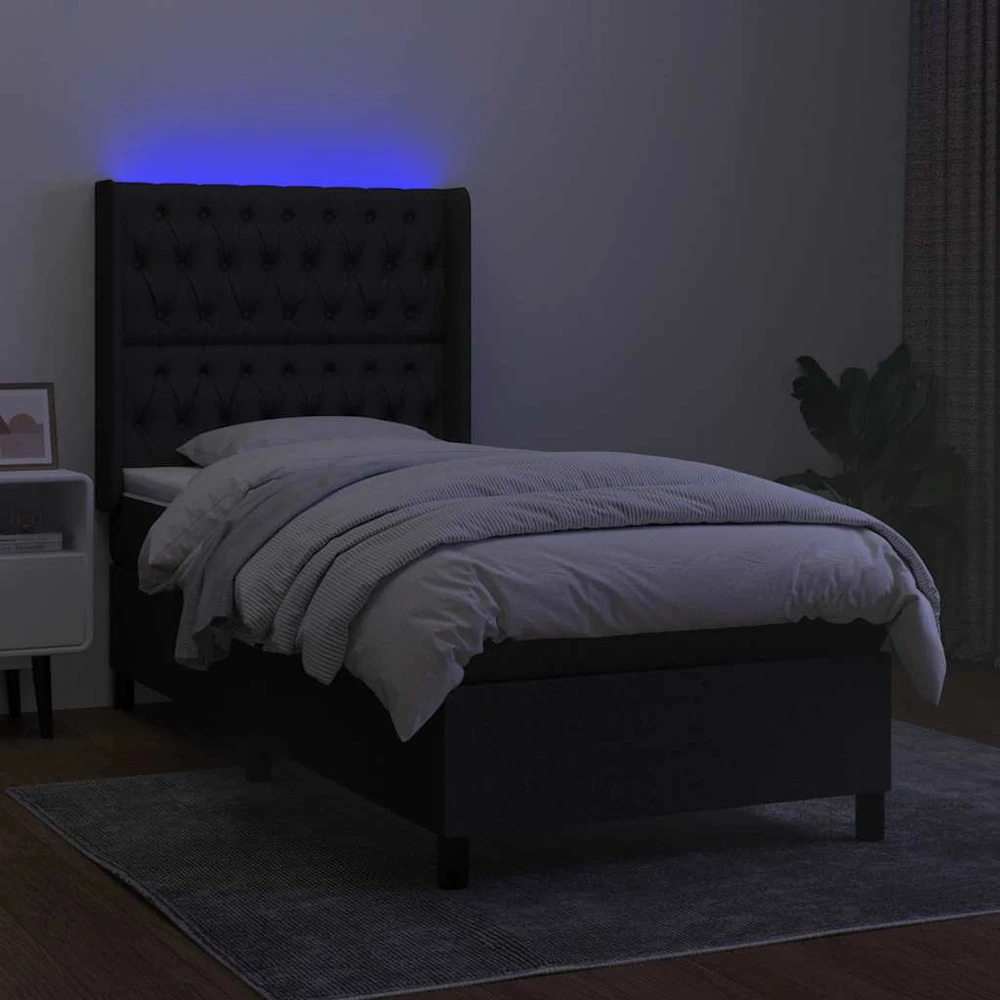 Lova su spyruoklėmis/čiužiniu/LED, juoda, 80x200cm, audinys