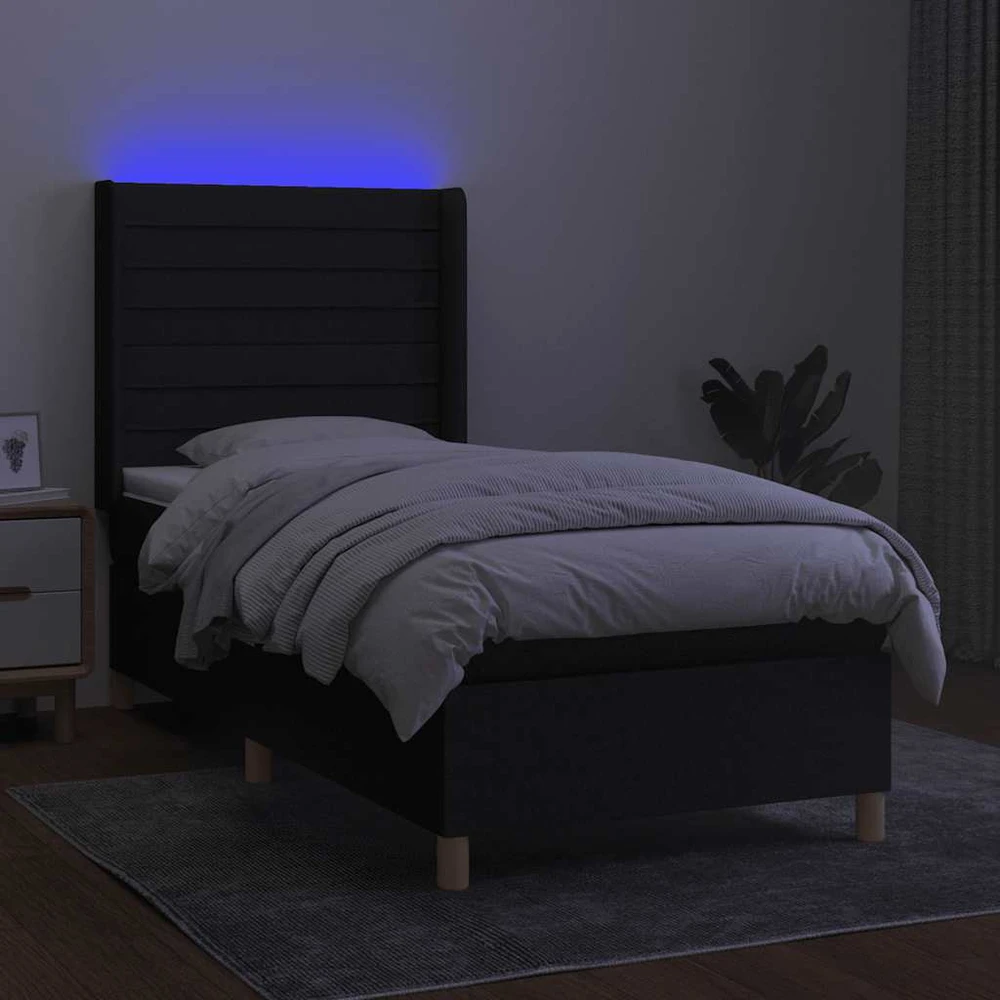 Lova su spyruoklėmis/čiužiniu/LED, juoda, 80x200cm, audinys