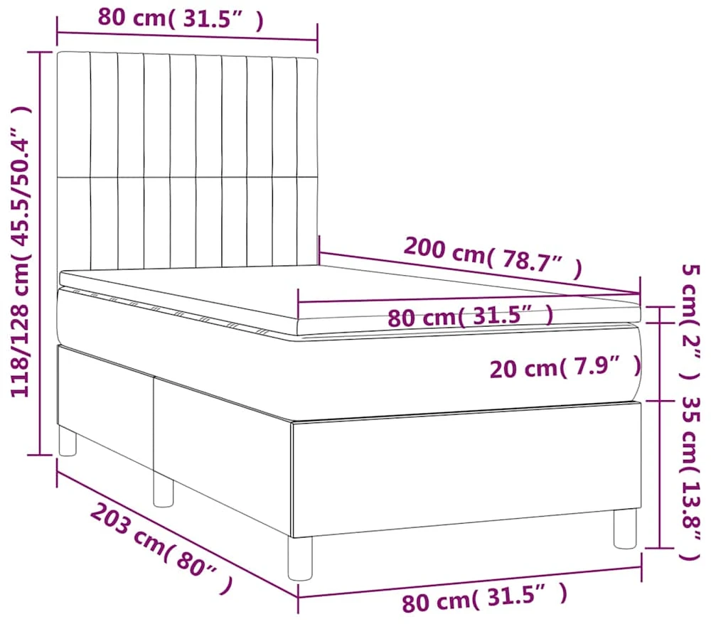 Lova su spyruoklėmis/čiužiniu/LED, juoda, 80x200cm, audinys