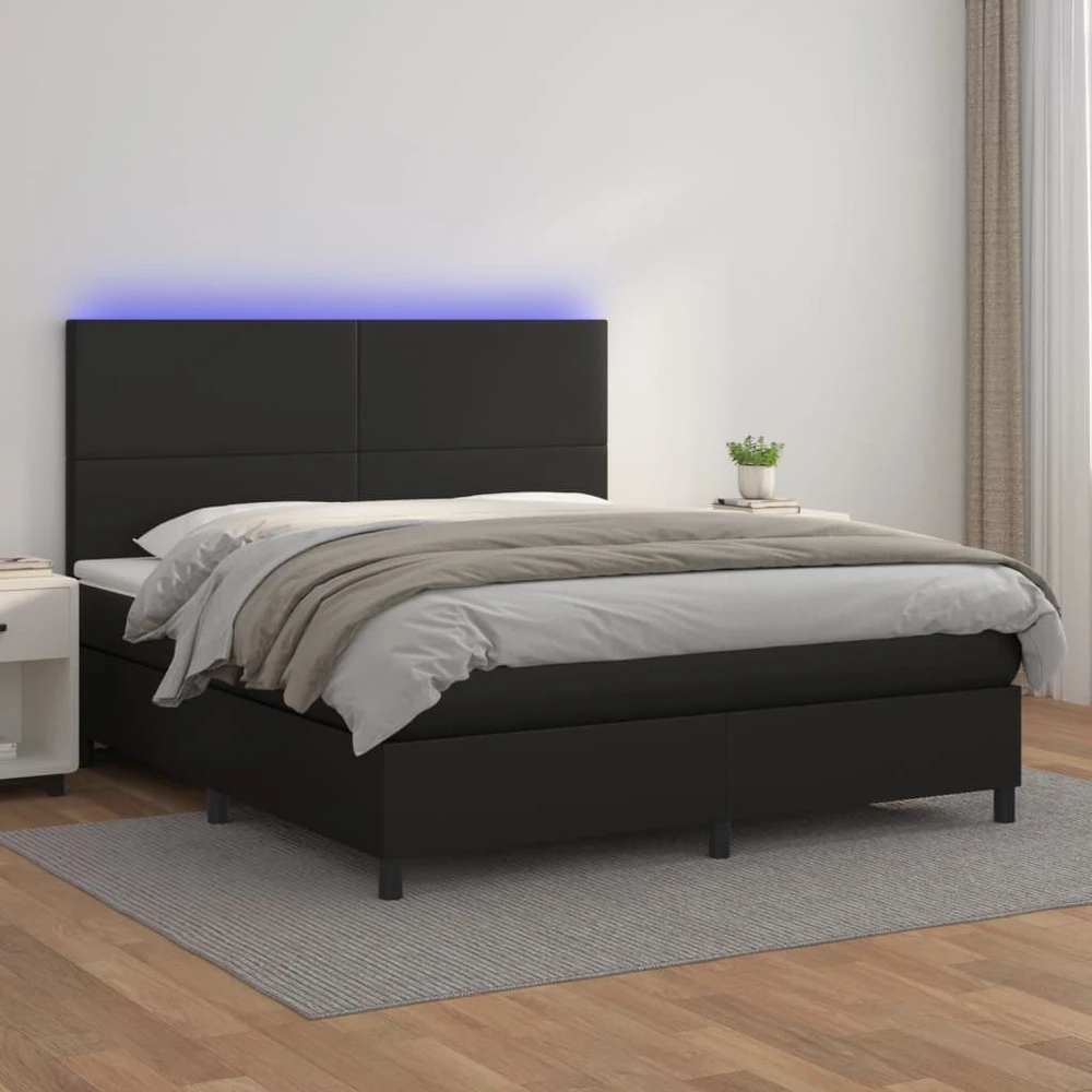 Lova su spyruoklėmis/čiužiniu/LED, juoda 180x200cm dirbtinė oda
