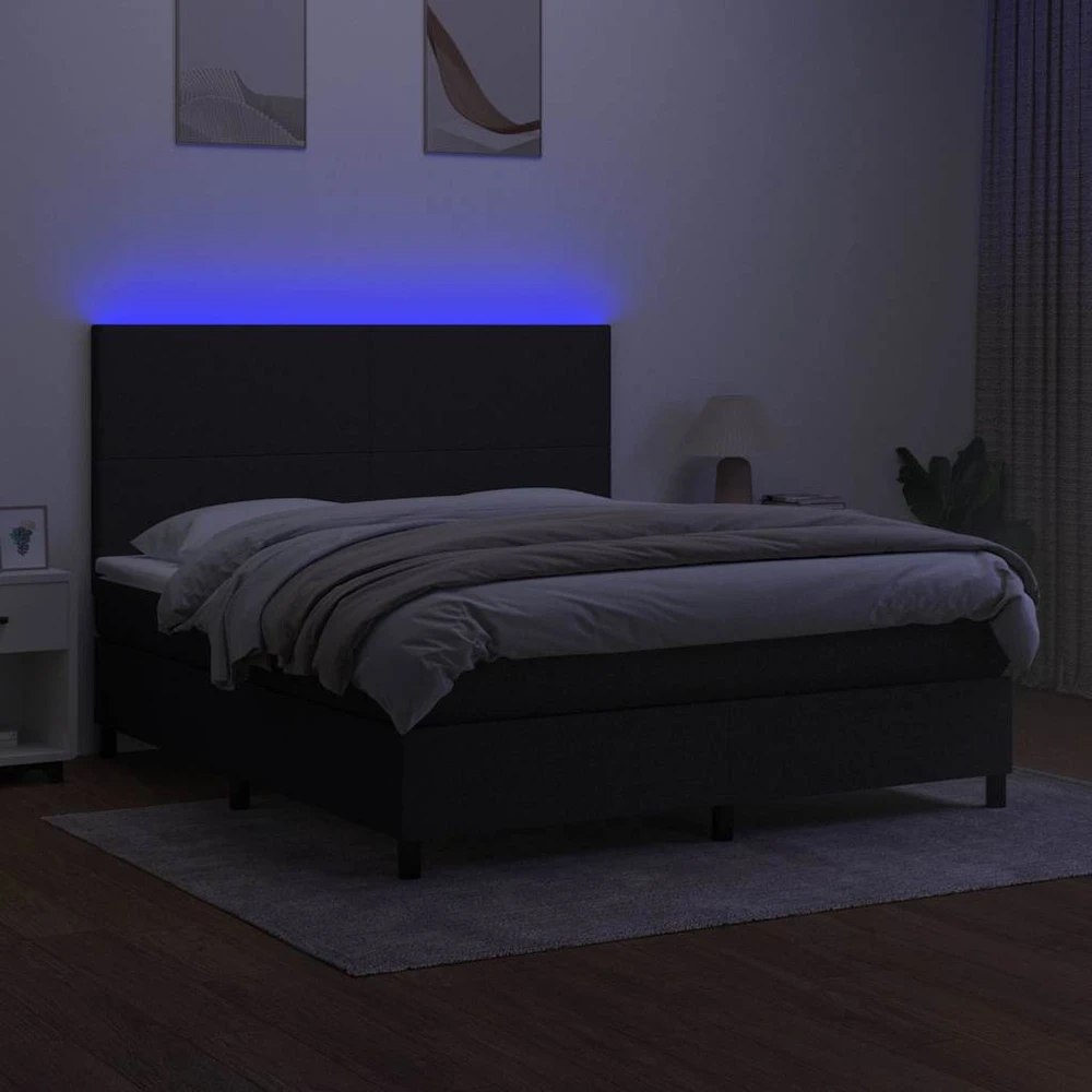 Lova su spyruoklėmis/čiužiniu/LED, juoda, 180x200 cm, audinys