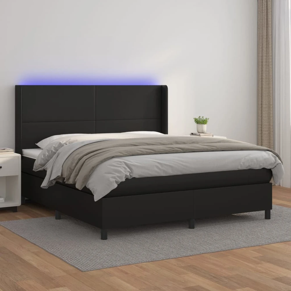 Lova su spyruoklėmis/čiužiniu/LED, juoda 160x200cm dirbtinė oda