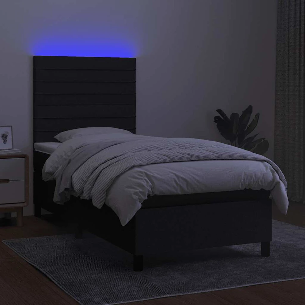 Lova su spyruoklėmis/čiužiniu/LED, juoda, 80x200cm, audinys