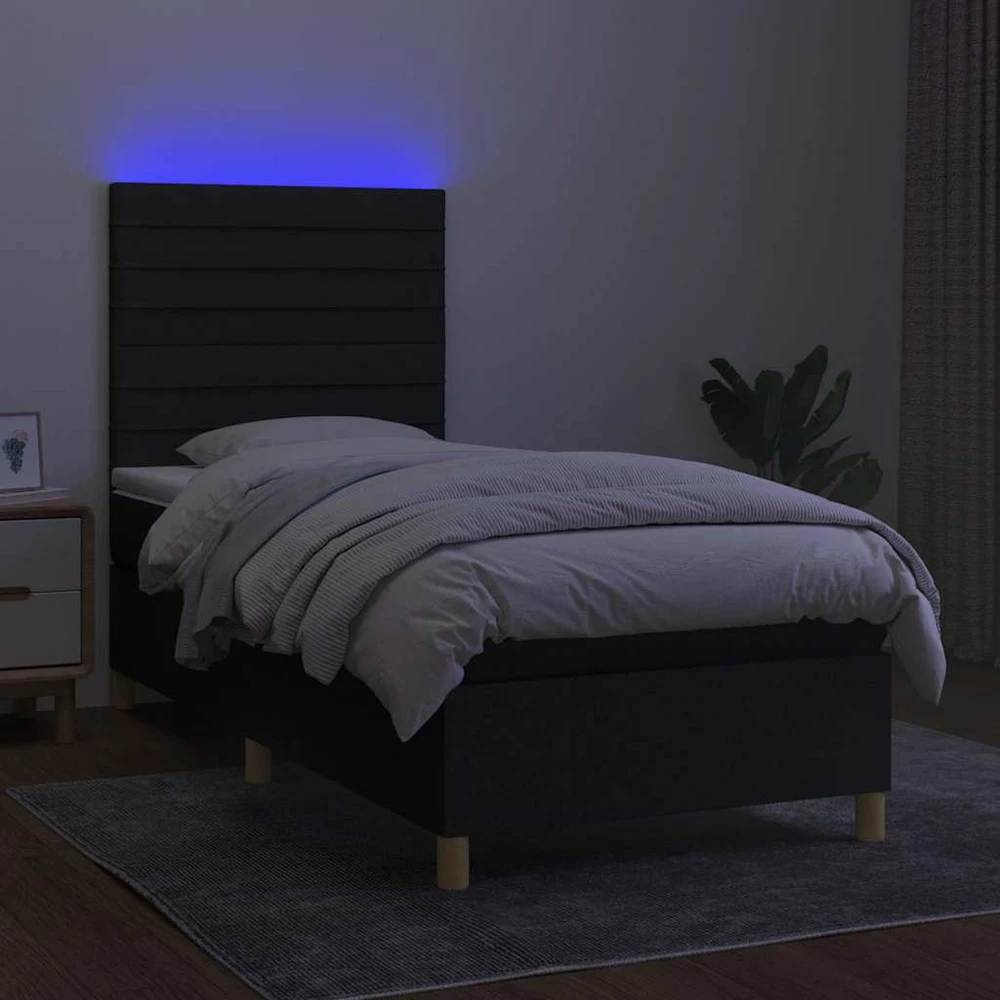 Lova su spyruoklėmis/čiužiniu/LED, juoda, 90x200 cm, audinys
