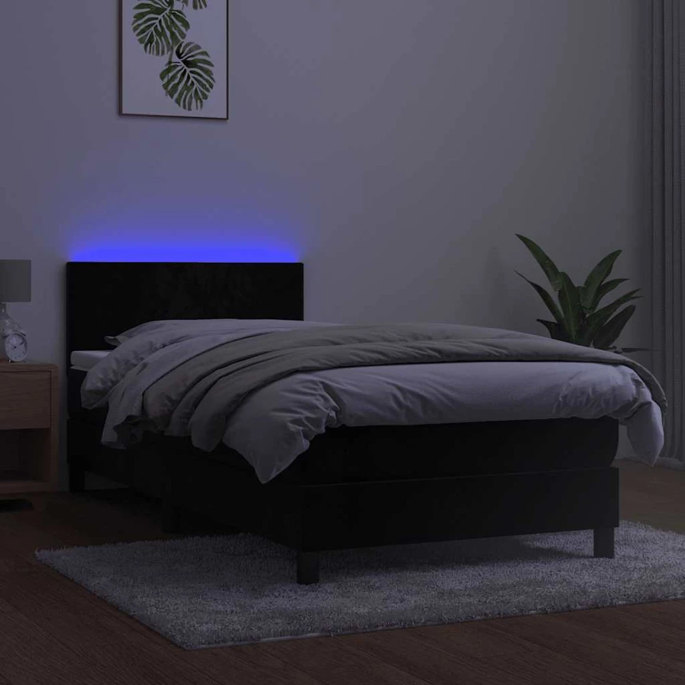 Lova su spyruoklėmis/čiužiniu/LED, juoda, 90x200cm, aksomas