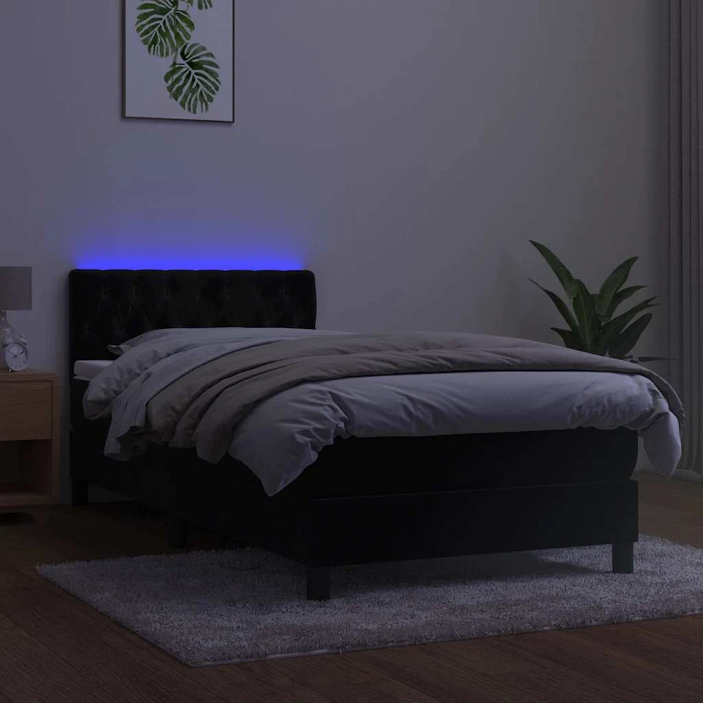 Lova su spyruoklėmis/čiužiniu/LED, juoda, 90x200cm, aksomas