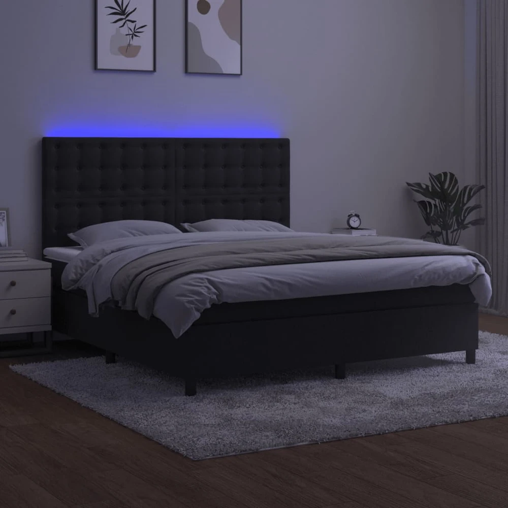 Lova su spyruoklėmis/čiužiniu/LED, juoda, 160x200cm, aksomas