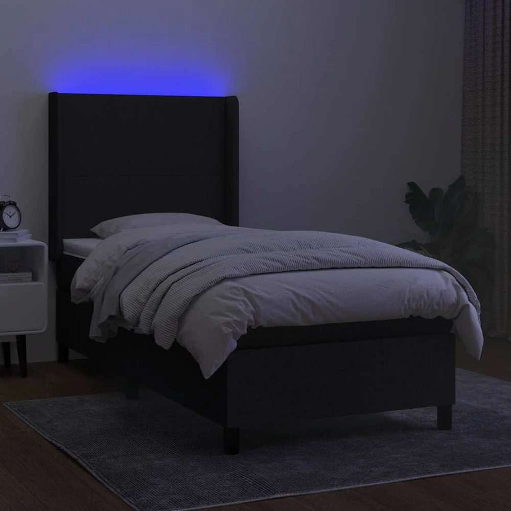 Lova su spyruoklėmis/čiužiniu/LED, juoda, 80x200cm, audinys