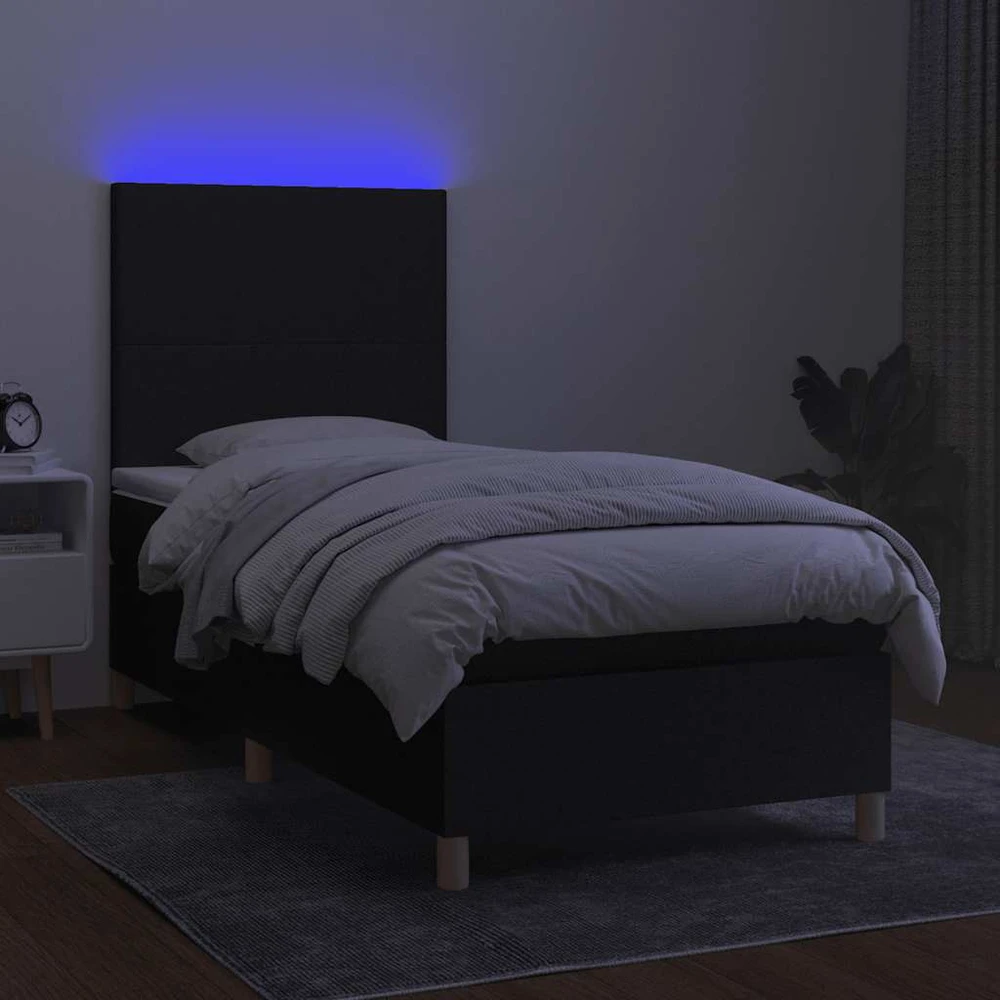 Lova su spyruoklėmis/čiužiniu/LED, juoda, 90x200 cm, audinys