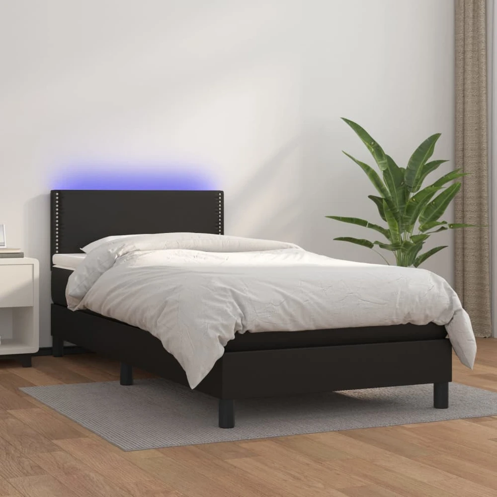 Lova su spyruoklėmis/čiužiniu/LED, juoda 100x200cm dirbtinė oda