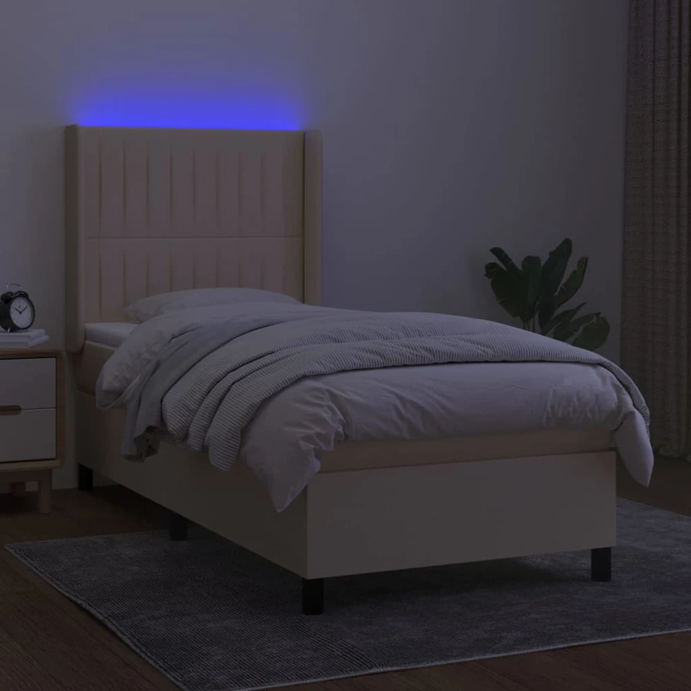 Lova su spyruoklėmis/čiužiniu/LED, kreminė, 100x200 cm, audinys