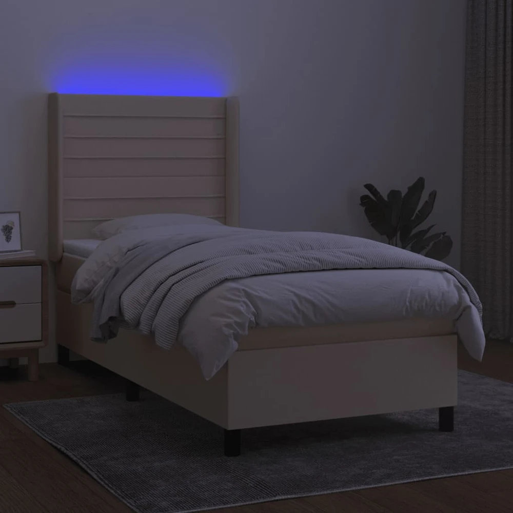 Lova su spyruoklėmis/čiužiniu/LED, kreminė, 100x200 cm, audinys