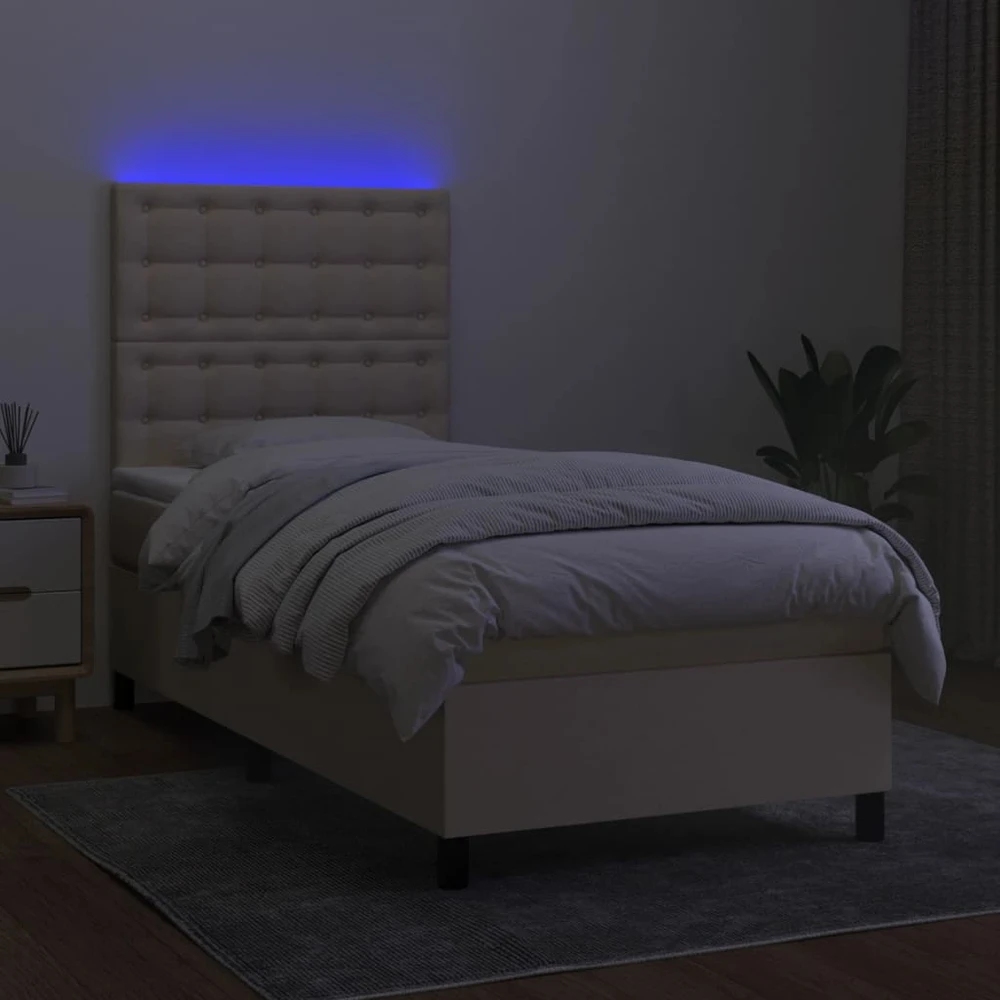 Lova su spyruoklėmis/čiužiniu/LED, kreminė, 100x200 cm, audinys