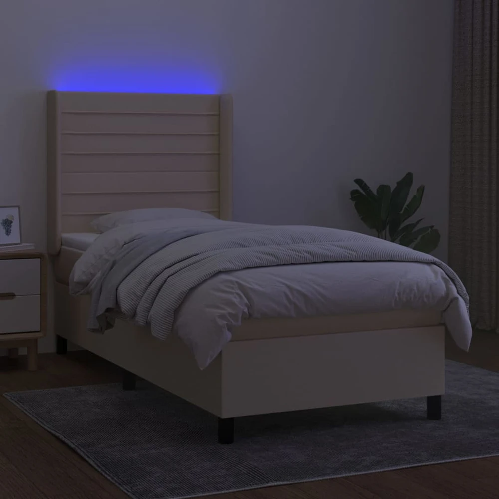 Lova su spyruoklėmis/čiužiniu/LED, kreminė, 90x200 cm, audinys