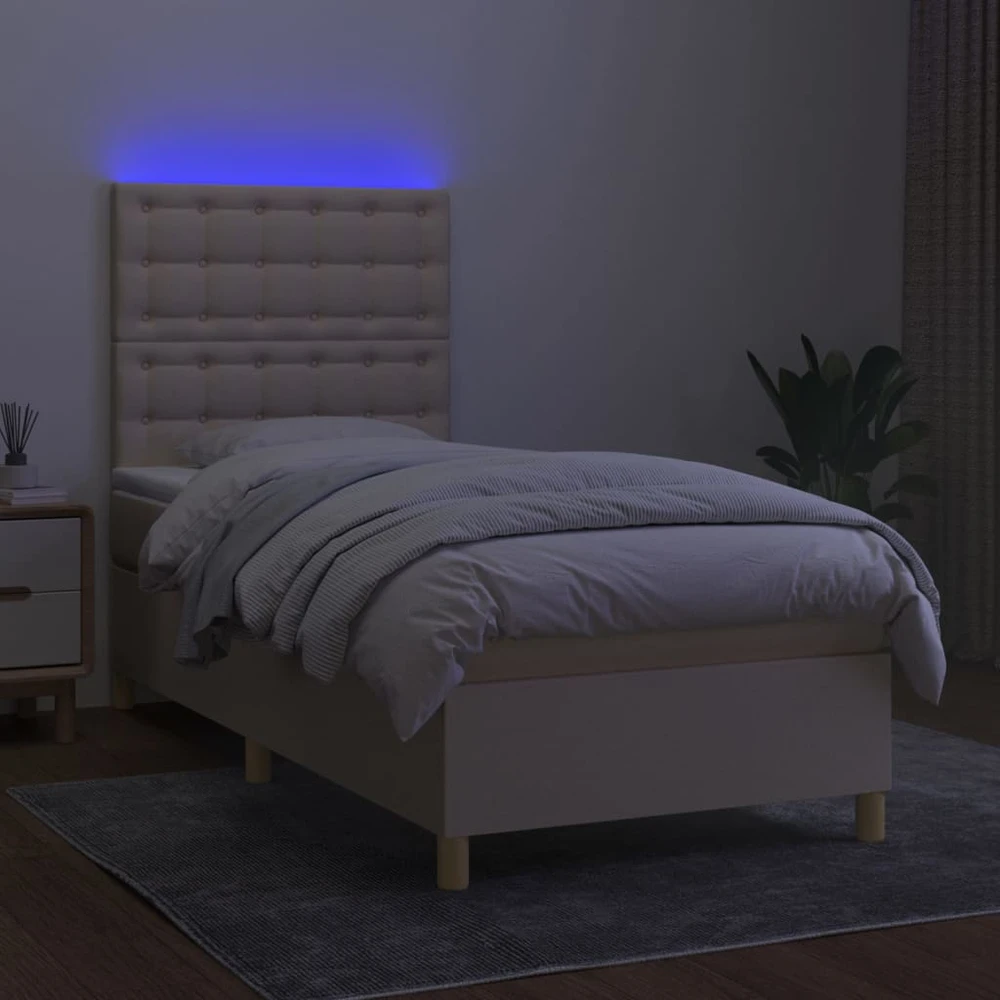 Lova su spyruoklėmis/čiužiniu/LED, kreminė, 100x200 cm, audinys