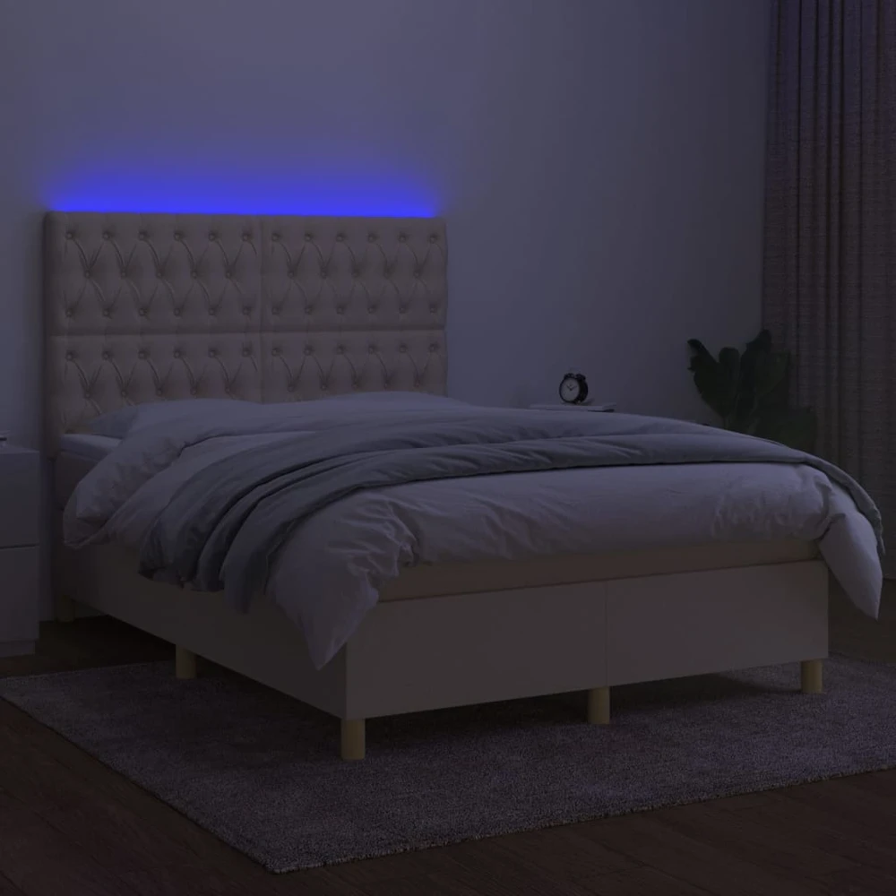 Lova su spyruoklėmis/čiužiniu/LED, kreminė, 140x190 cm, audinys