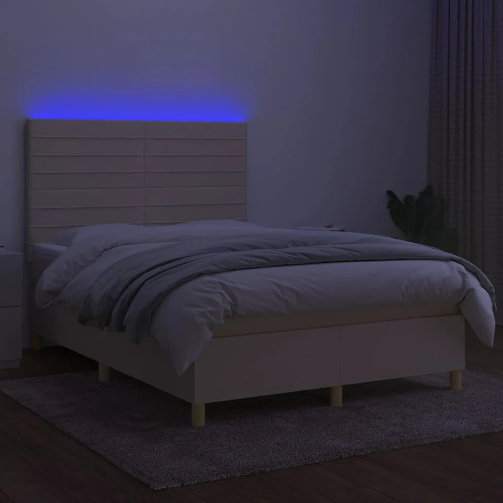 Lova su spyruoklėmis/čiužiniu/LED, kreminė, 140x190 cm, audinys