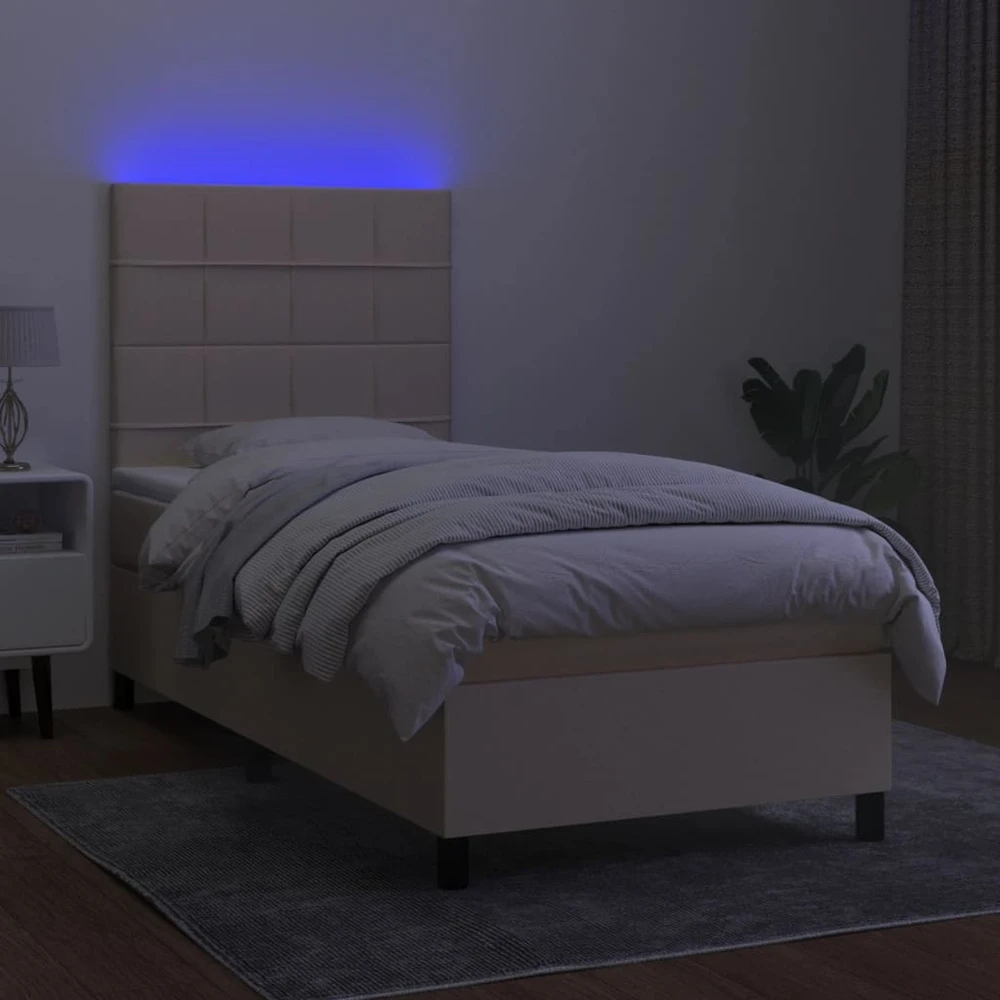 Lova su spyruoklėmis/čiužiniu/LED, kreminė, 100x200 cm, audinys