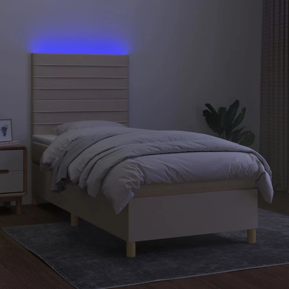 Lova su spyruoklėmis/čiužiniu/LED, kreminė, 100x200 cm, audinys