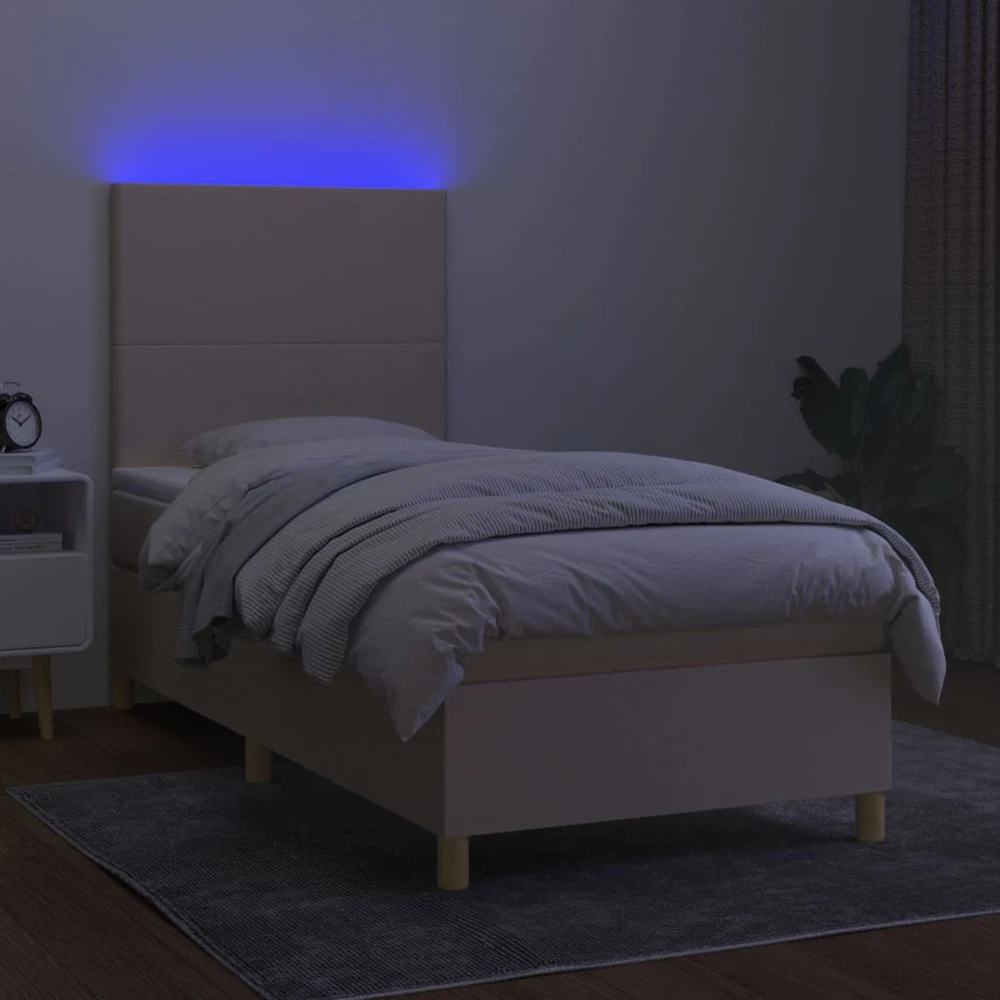 Lova su spyruoklėmis/čiužiniu/LED, kreminė, 100x200 cm, audinys
