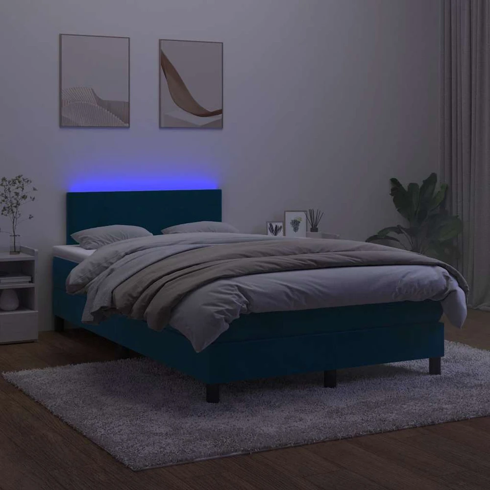 Lova su spyruoklėmis/čiužiniu/LED, mėlyna, 120x200cm, aksomas