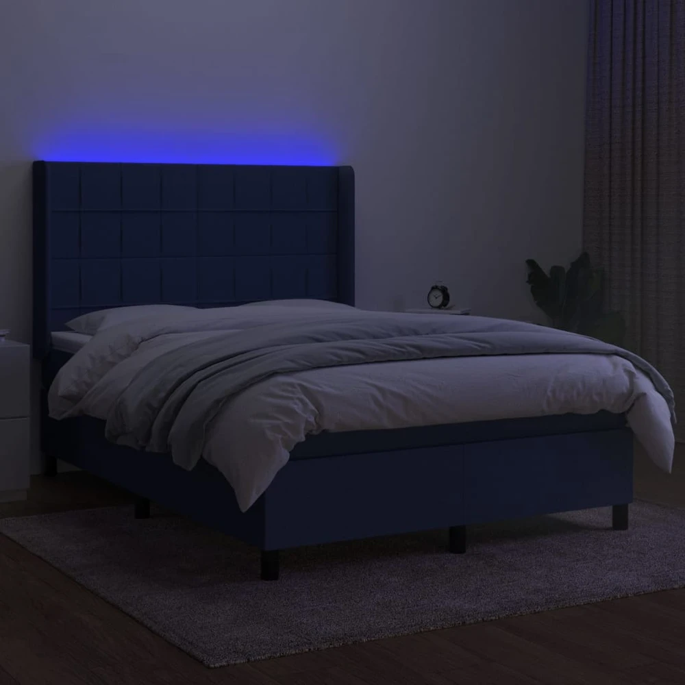 Lova su spyruoklėmis/čiužiniu/LED, mėlyna, 140x200 cm, audinys