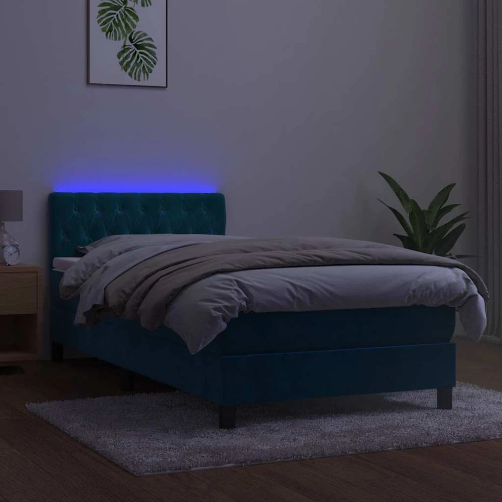 Lova su spyruoklėmis/čiužiniu/LED, mėlyna, 90x190cm, aksomas