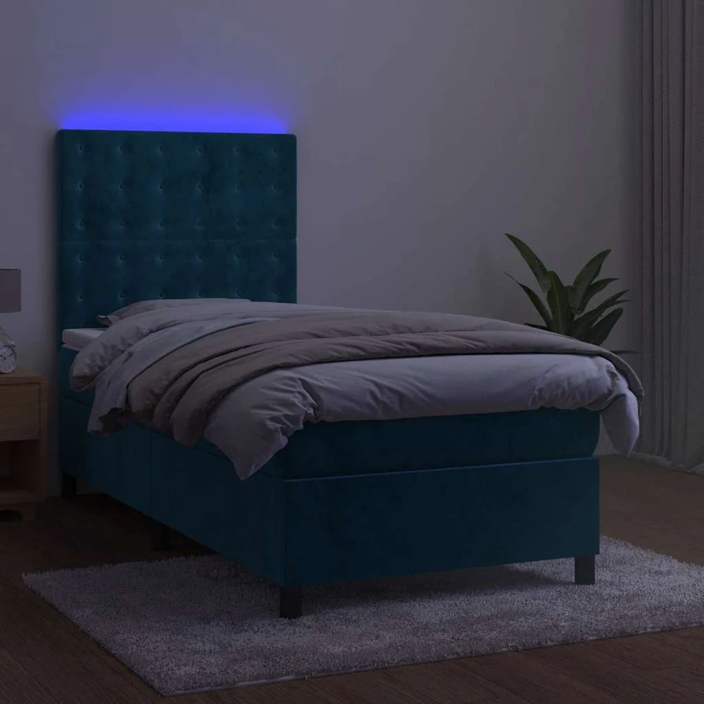 Lova su spyruoklėmis/čiužiniu/LED, mėlyna, 90x190cm, aksomas