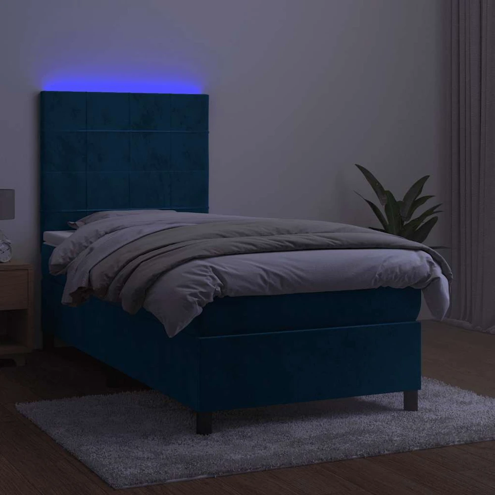 Lova su spyruoklėmis/čiužiniu/LED, mėlyna, 90x200cm, aksomas