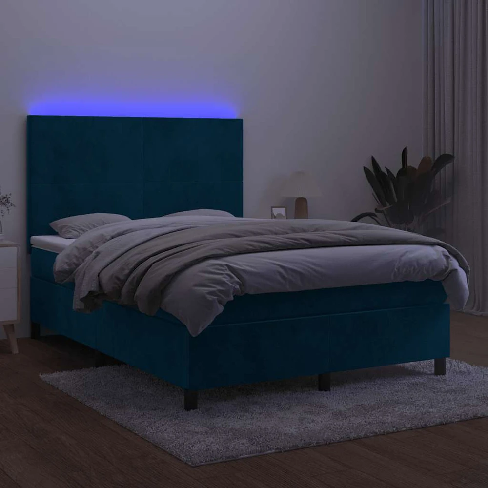 Lova su spyruoklėmis/čiužiniu/LED, mėlyna, 140x190cm, aksomas